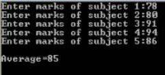 C program that accepts marks in 5 subjects and outputs average marks output
